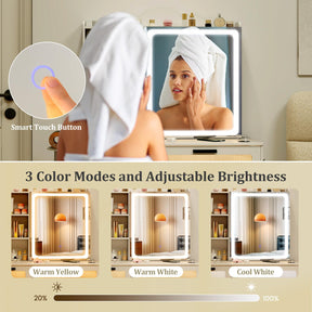 Makeup Vanity Desk w/Mirror & Lights, Dressing Table and Stool Set w/Charging Station