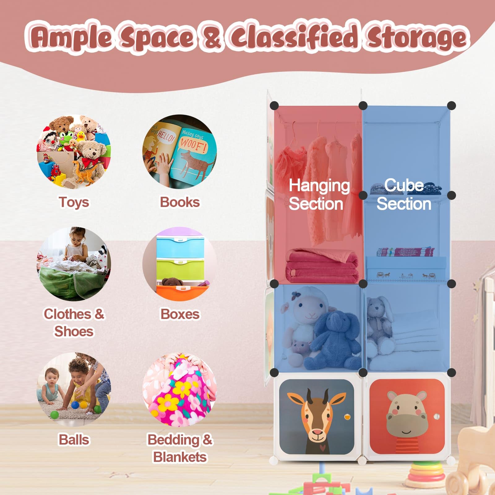 Children 8-Cube Wardrobe, Baby Dresser Kids Armoire w/Doors, Cute Cartoon Animal Patterns