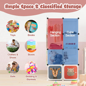 Children 8-Cube Wardrobe, Baby Dresser Kids Armoire w/Doors, Cute Cartoon Animal Patterns