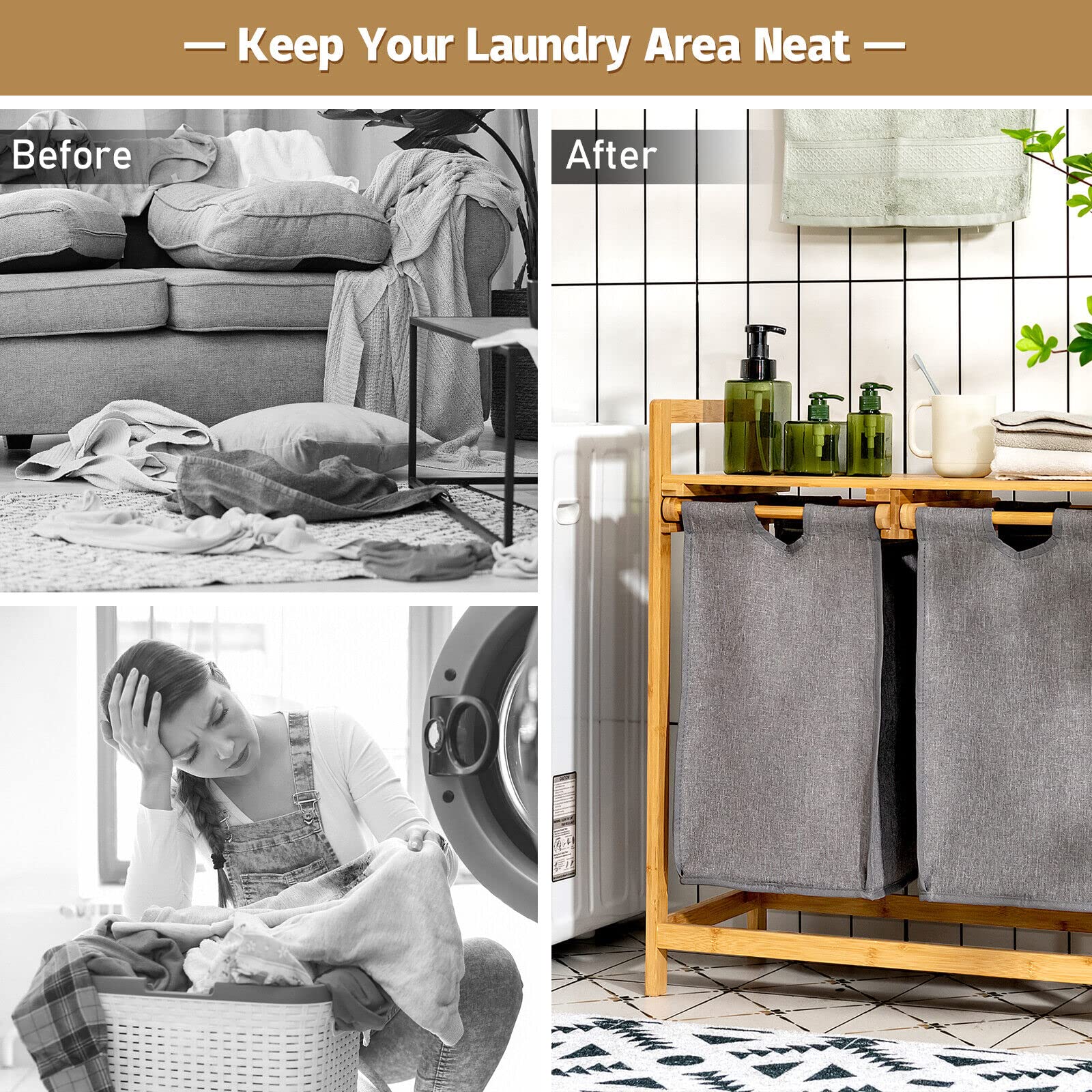 Giantex Bamboo Laundry Hamper with Dual Compartments, 2-Section Laundry Sorter Basket, Natural