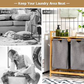 Giantex Bamboo Laundry Hamper with Dual Compartments, 2-Section Laundry Sorter Basket, Natural