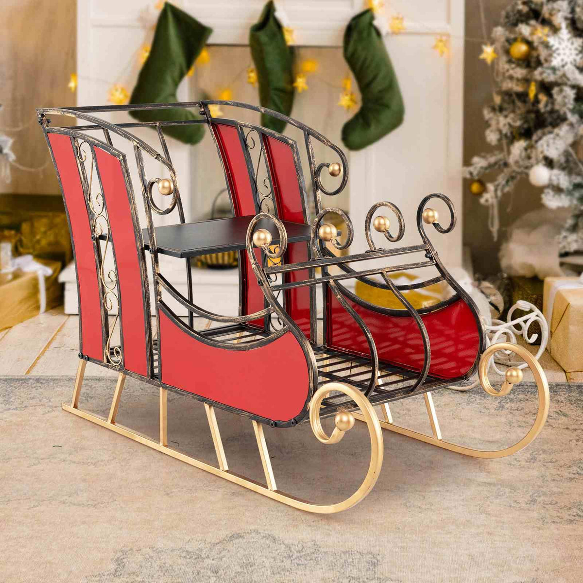 95CM Christmas Metal Sleigh Decoration, Decorative Santa’s Sleigh with 2-Tier Storage Shelf