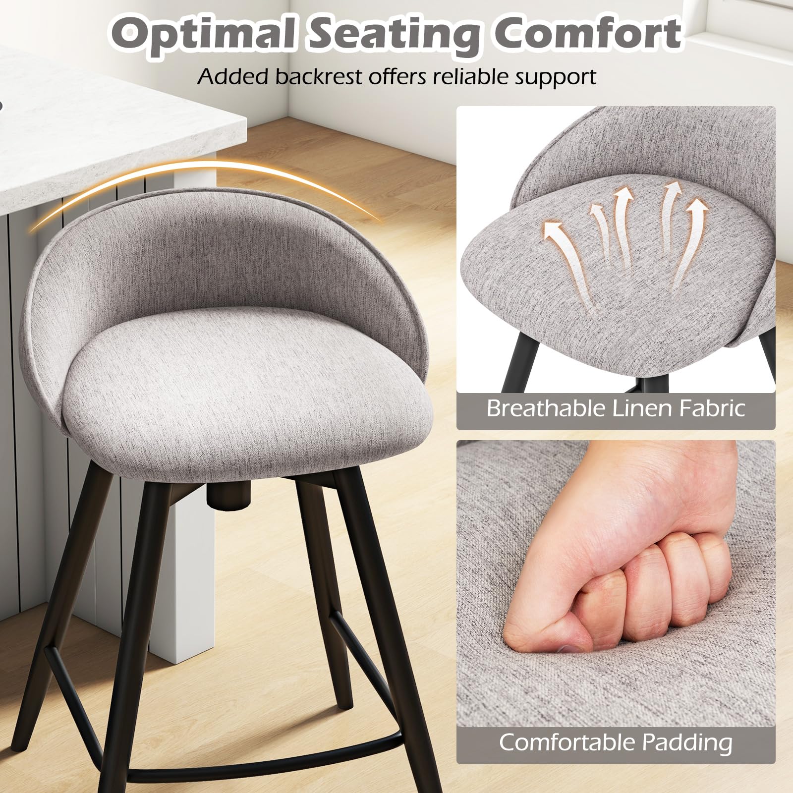63 cm Upholstered Bar Stools Set of 2 Counter Height Swivel Barstools w/Footrest