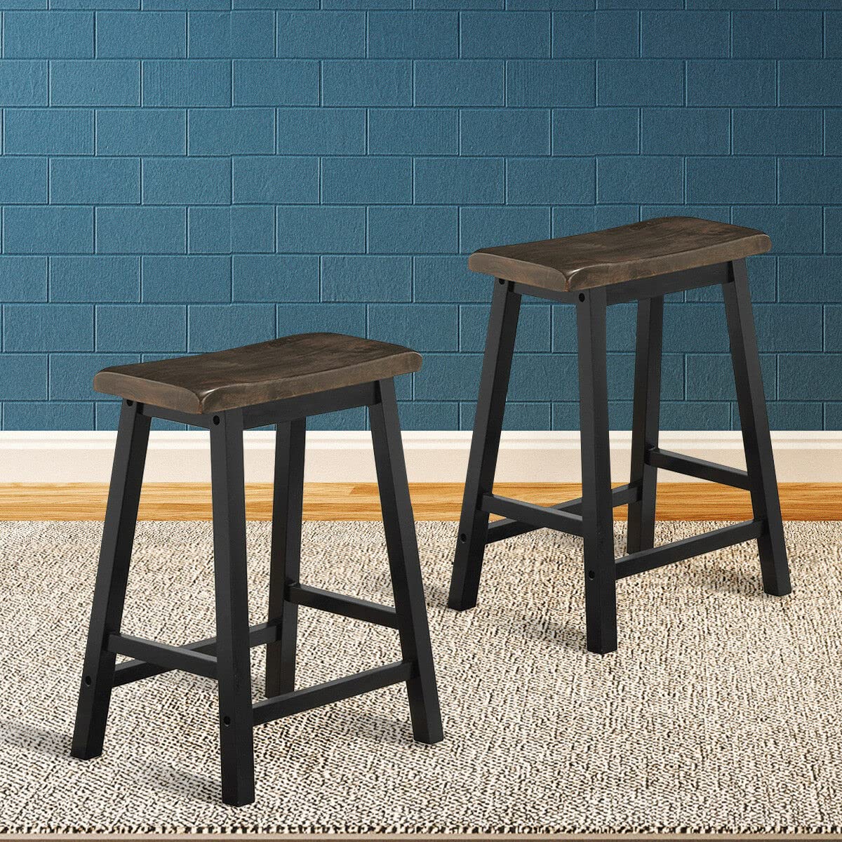 Giantex Set of 2 Bar Stools, Saddle Seat Pub Chair, Wood Vintage Counter Height Stool