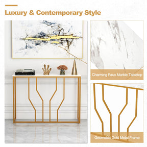 Giantex Gold Console Table, 110 cm Modern White Entryway Table with Faux Marble Tabletop