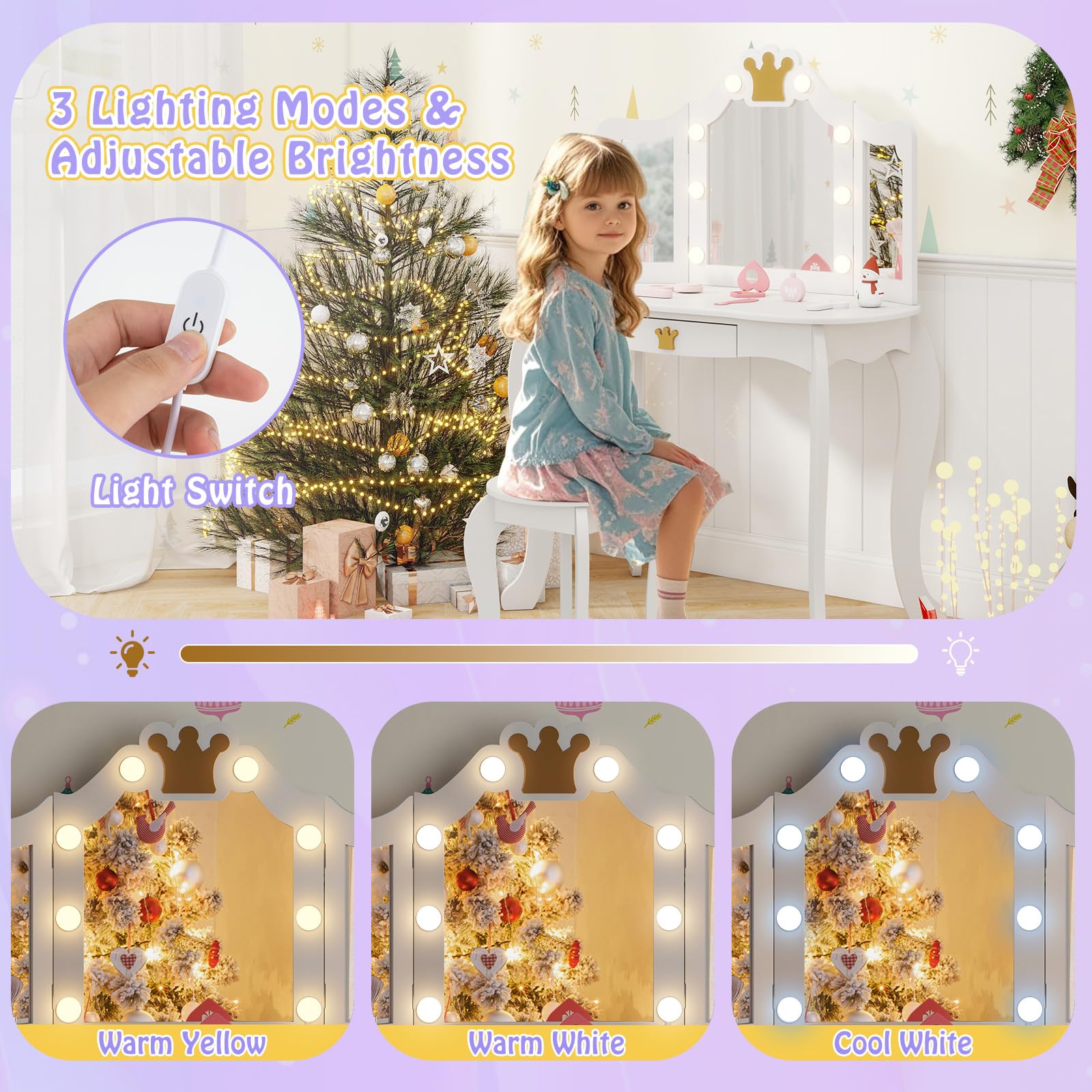 HONEY JOY Kids Vanity Set with 3-Color Adjustable Lighted Mirror