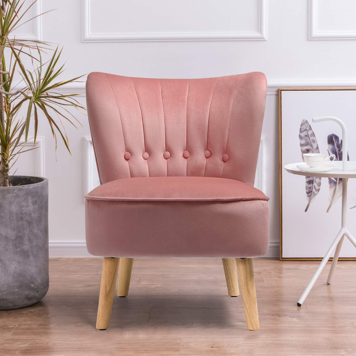 Velvet Accent Chair, Soft Upholstered Modern Leisure Chair w/Solid Wood Legs, Non-Slip Pads