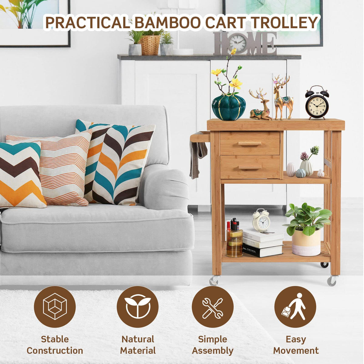 Bamboo Kitchen Island Cart Trolley, 3-Tier Rolling Kitchen Cart w/ 2 Drawers