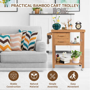 Bamboo Kitchen Island Cart Trolley, 3-Tier Rolling Kitchen Cart w/ 2 Drawers