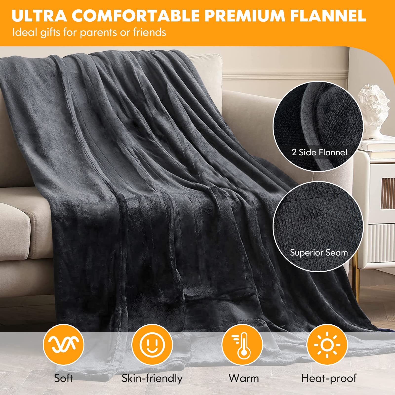 Electric Heated Blanket Throw, Double-Sided Fleece Soft Fast Heating Blanket w/9 Heat Settings, 9 Hours Timing Function