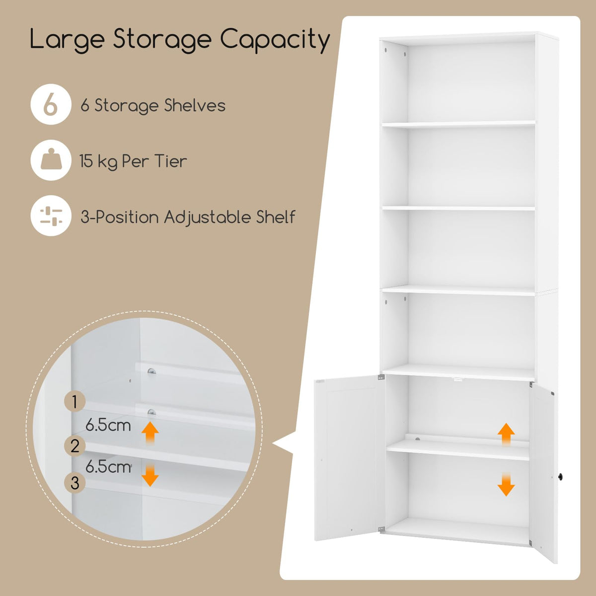 Farmhouse Bookcase with Doors, 180cm Freestanding Bookshelf with 6 Shelves & 2-Door Cabinet