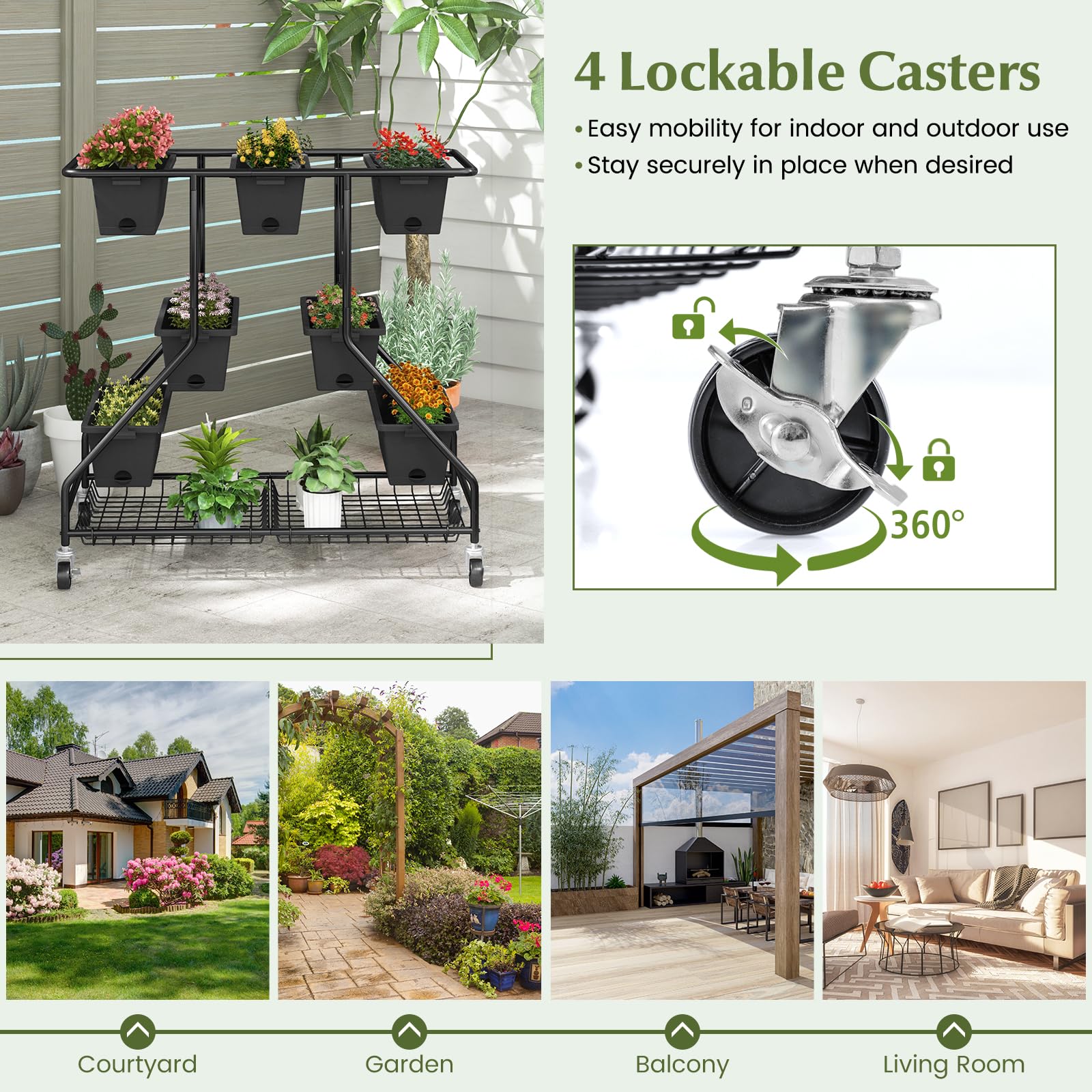 Vertical Raised Garden Bed w/7 Planter Boxes, Storage Baskets, Drainage Holes, 4 Lockable Casters