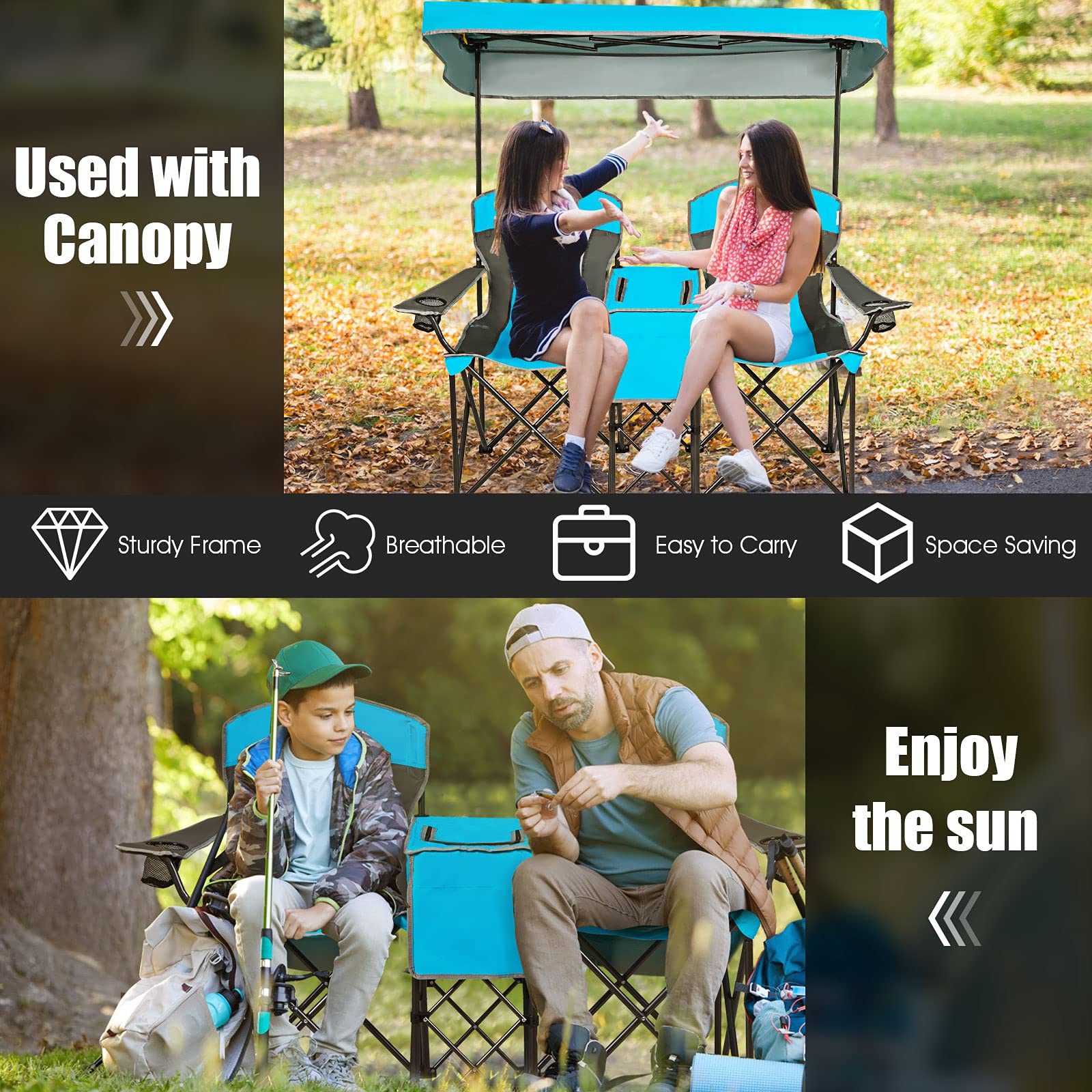 Double Folding Canopy Chair, Outdoor 2-Person Camping Seat with Adjustable Sun Shade