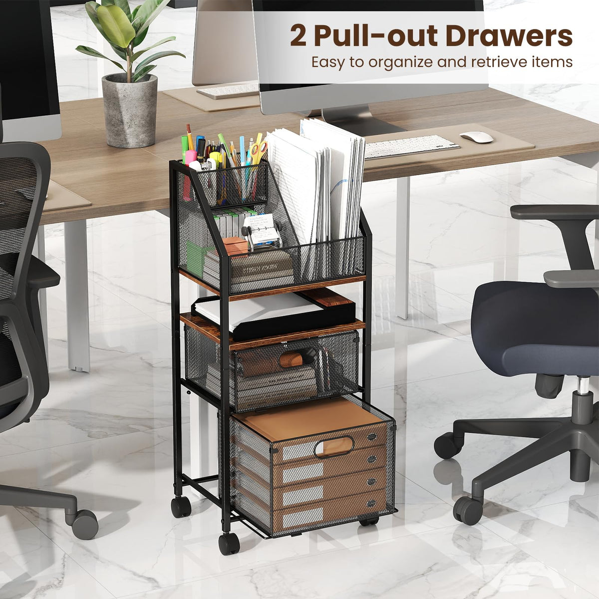 Rolling File Utility Cart w/ 2 Drawers, Lockable Wheels for Home Office