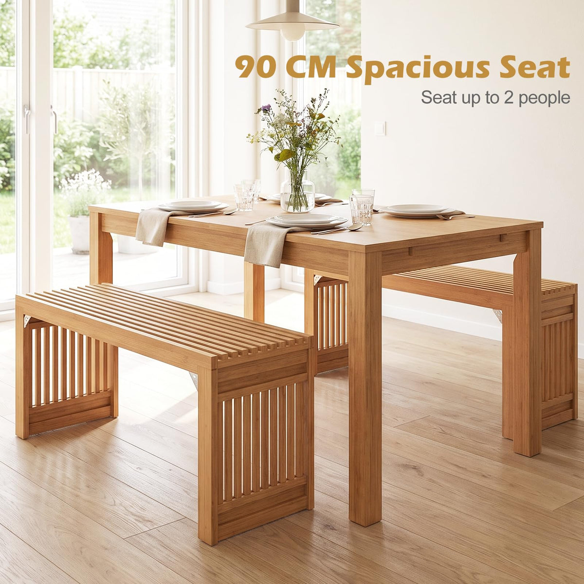 Bamboo Dining Bench, 90CM Long Entryway Bench Indoor Kitchen Bench