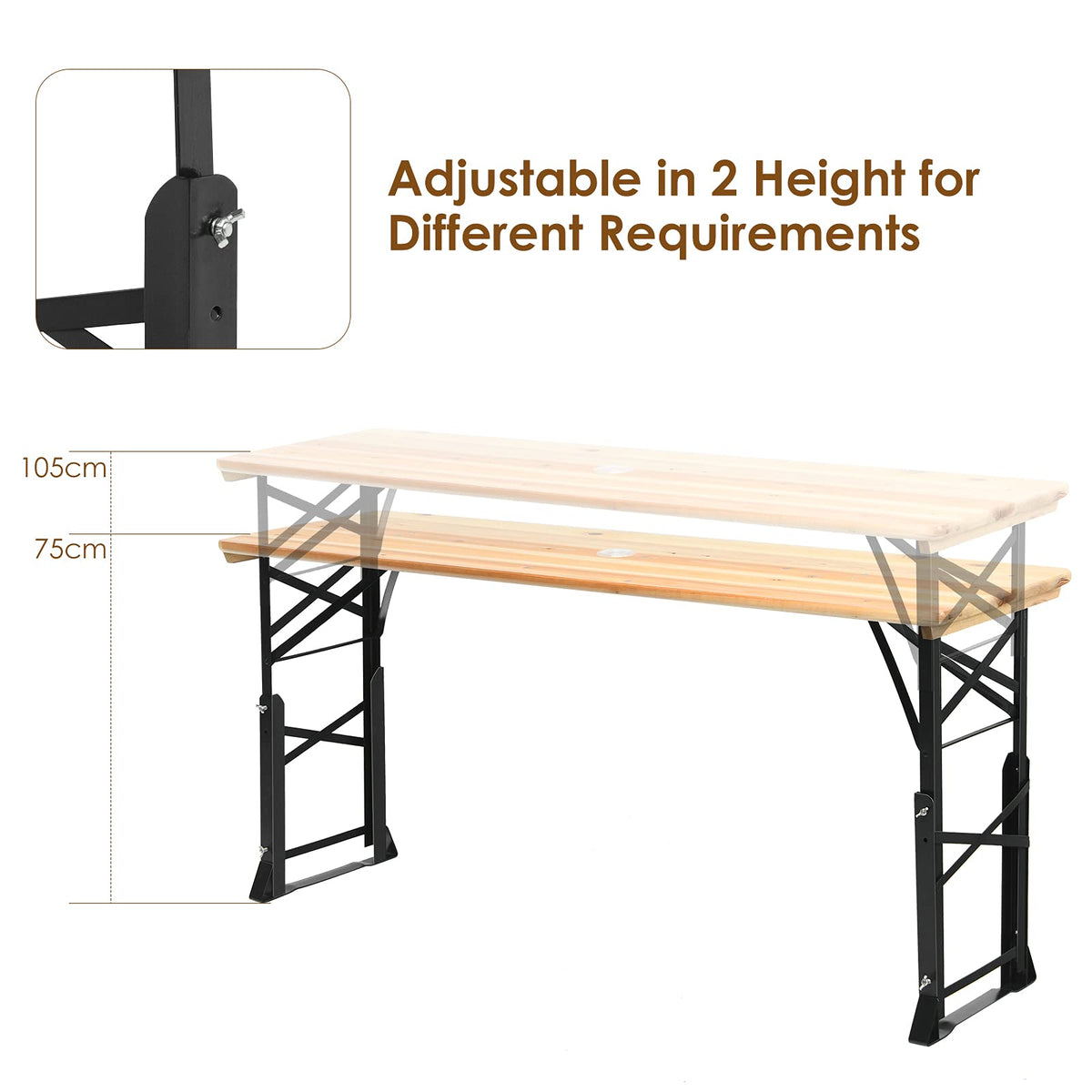 5.5FT Folding Picnic Table, Portable Outdoor Beer Table w/Umbrella Hole & 2 Adjustable Heights