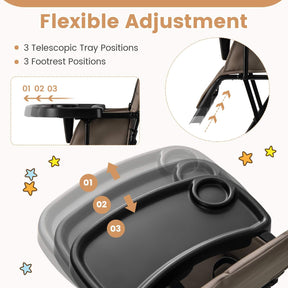Foldable High Chair, Easy Clean Compact Highchair with Removable Adjustable Tray and PU Seat Cushion
