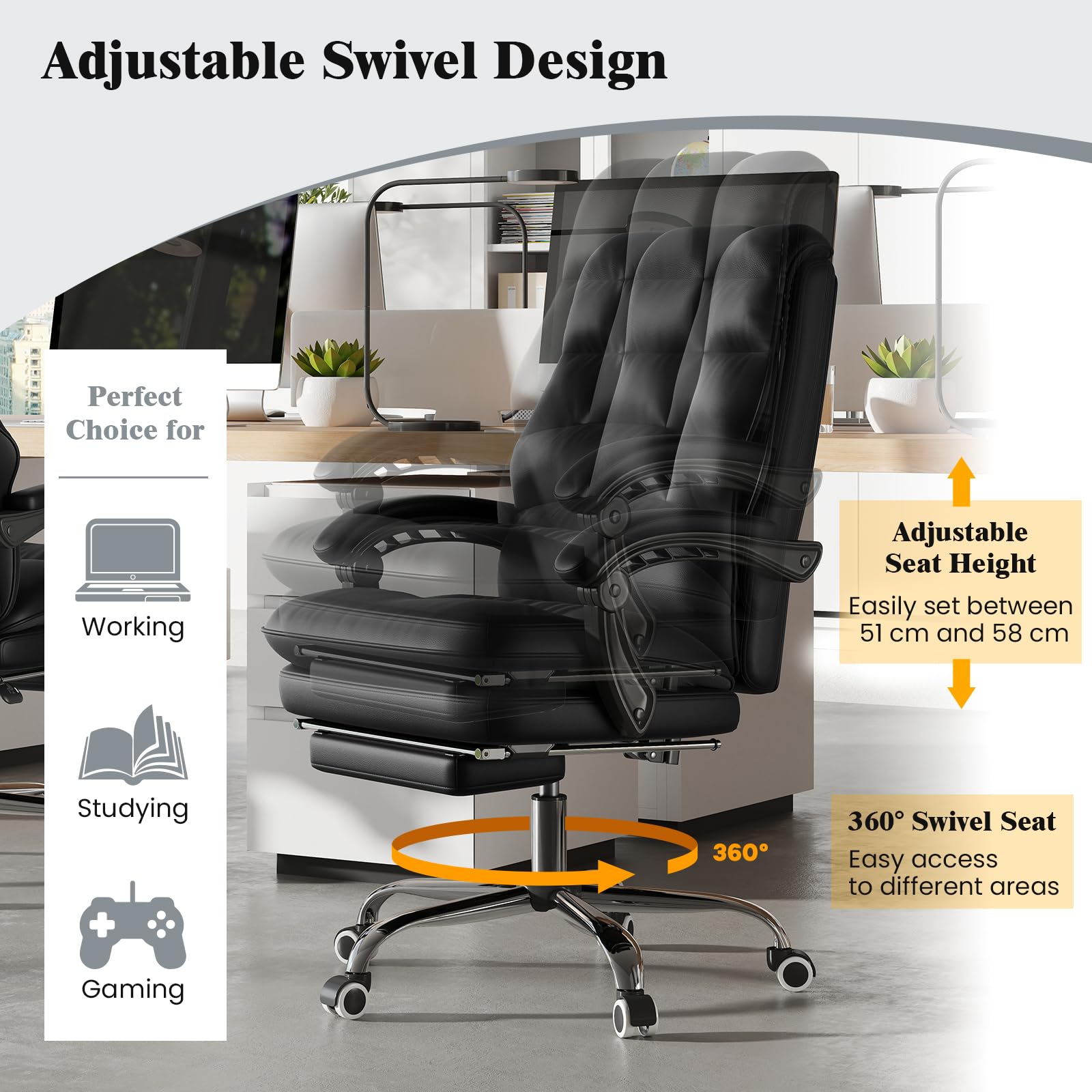 Ergonomic Office Chair PU Leather Computer Chair with Adjustable Swivel Seat