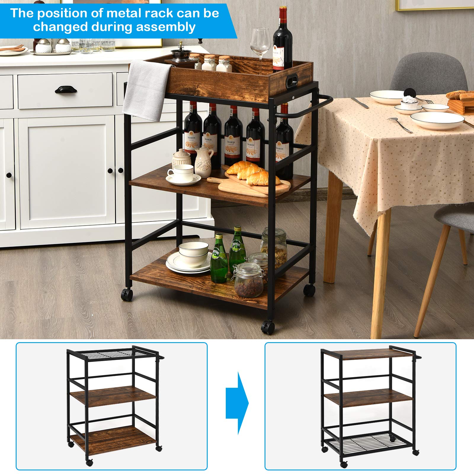 Giantex 3-Tier Kitchen Island Bar Cart, Industrial Serving Cart, Utility Trolley Wine Storage Cart