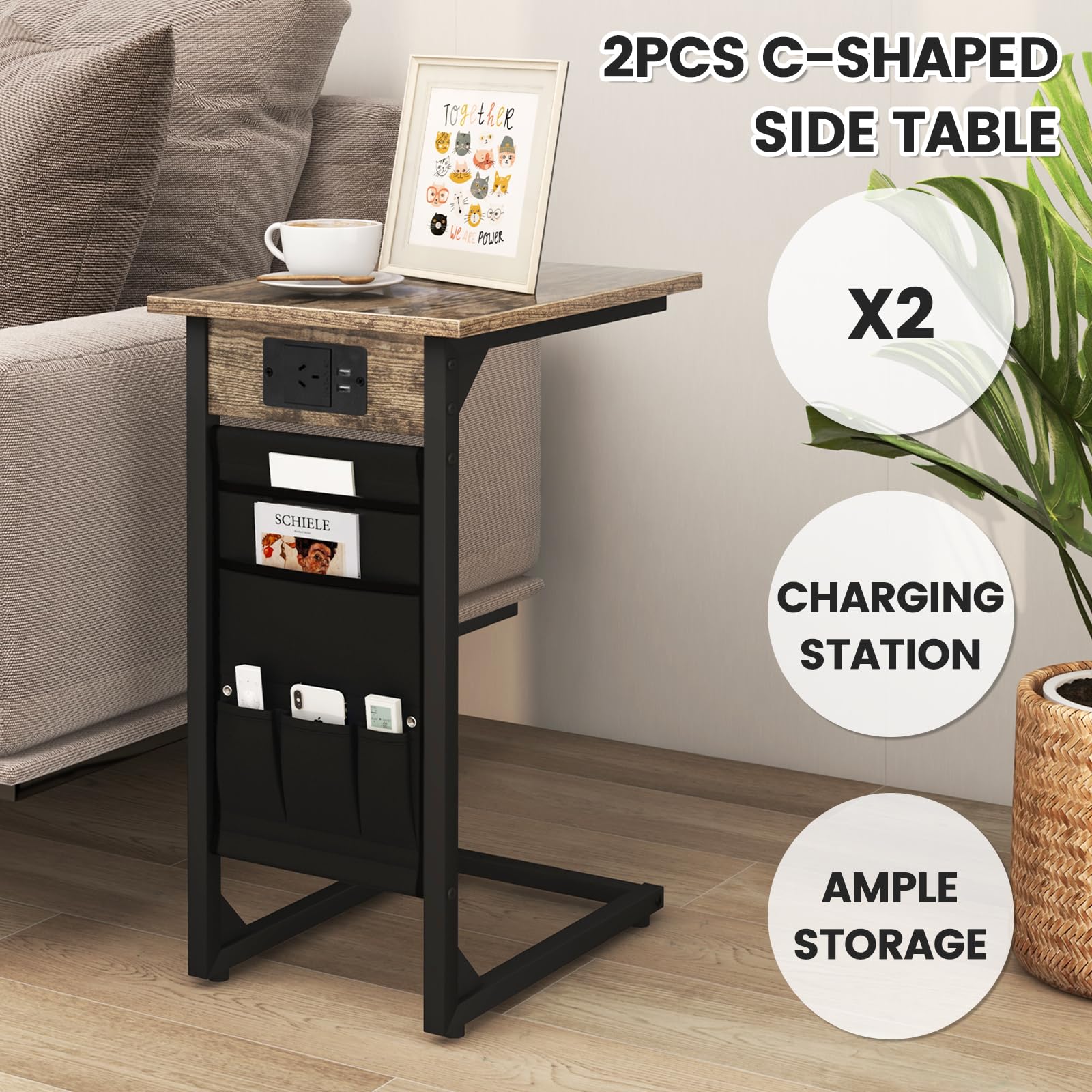 Giantex C Shaped End Table Set of 2, Sofa Side Table with Charging Station & Side Storage Bag