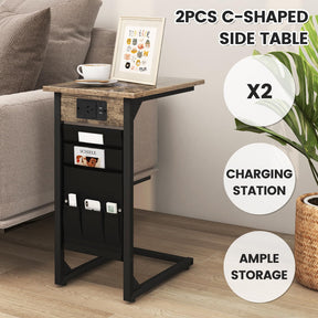 Giantex C Shaped End Table Set of 2, Sofa Side Table with Charging Station & Side Storage Bag