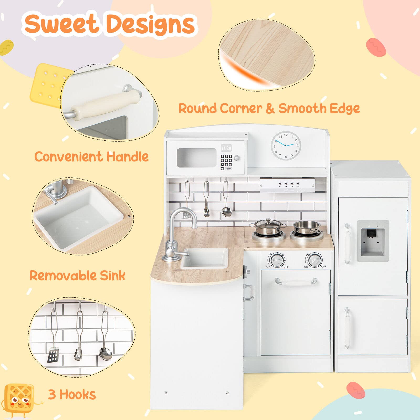 Kids Corner Kitchen Playset, Wooden Play Kitchen Toy Set w/Realistic Microwave