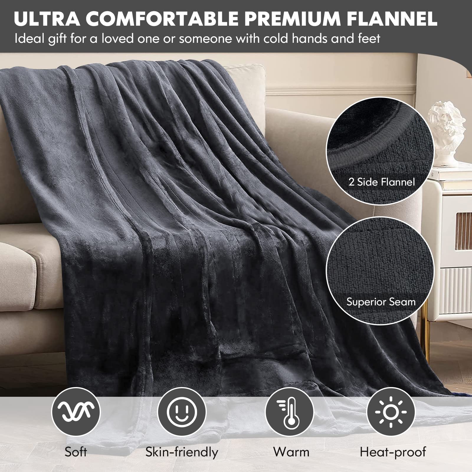 Electric Heated Blanket Throw, Double-Sided Fleece Soft Fast Heating Blanket w/9 Heat Settings, 9 Hours Timing Function