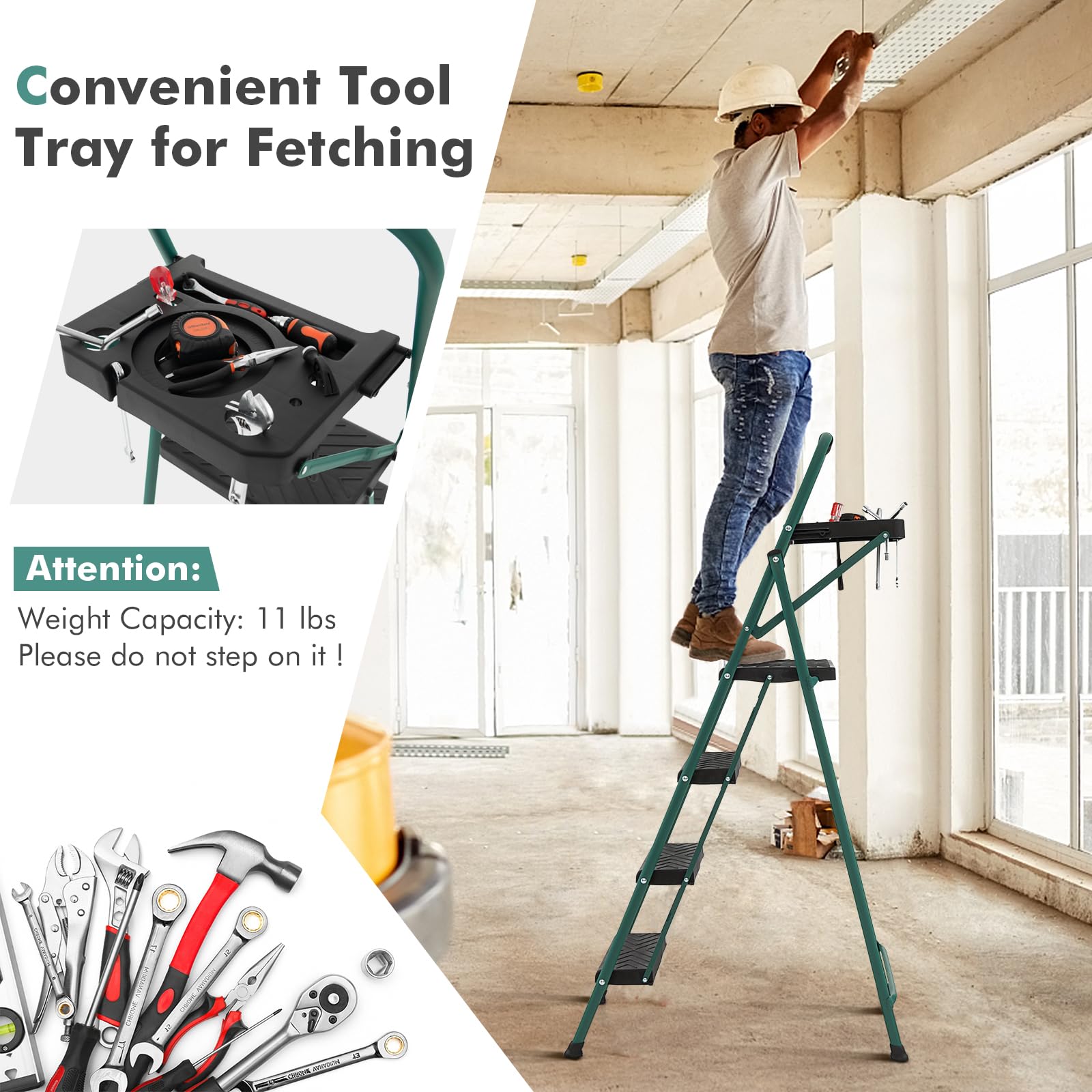 Folding Step Ladder, 4-Step Ladder w/Tool Tray, Non-Slip Footpads & Pedals