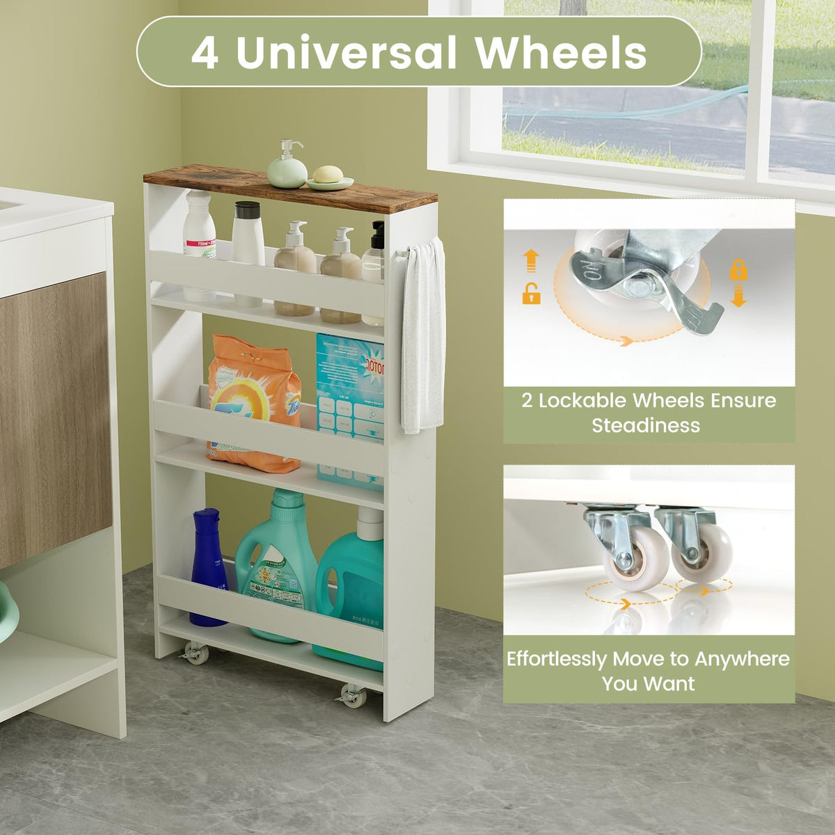 Slim Storage Cart w/Handle, 4-Tier Slide Out Utility Cart