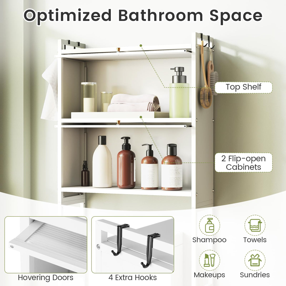 166 cm Over-the-toilet Cabinet, Bathroom Organizer w/ 2 Flip-up Cabinets, See-through Fluted Doors