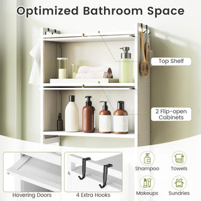 166 cm Over-the-toilet Cabinet, Bathroom Organizer w/ 2 Flip-up Cabinets, See-through Fluted Doors