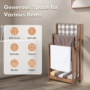Freestanding Wood Towel Rack, 3-Tier Towel Rack Holder with Bottom Storage Shelf, Anti-toppling Device