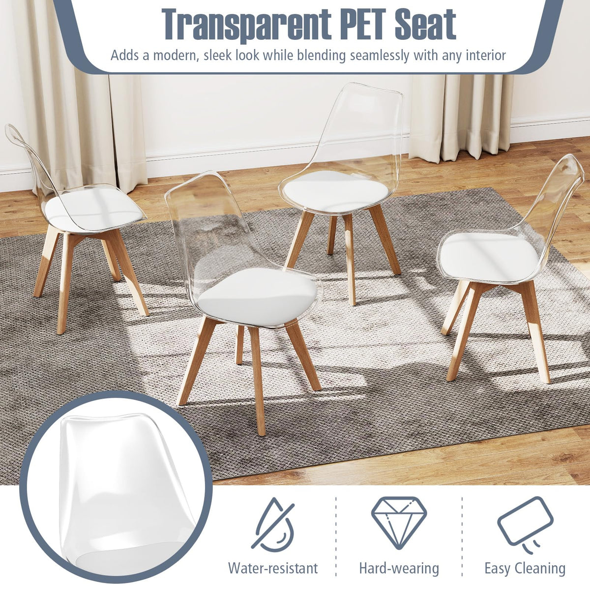 Set of 4 Clear Dining Chairs, Armless Modern Dining Chairs with Transparent Backrest