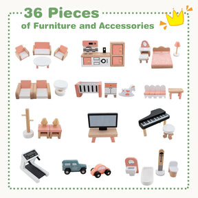 HONEY JOY Wooden Corner Dollhouse Playset, Green Roof Doll House with 34 Pieces of Furniture and Accessories