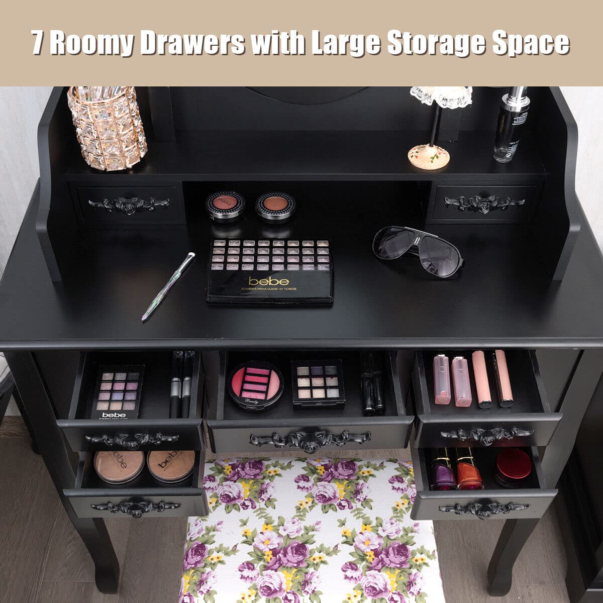 Giantex Folding Vanity Table Set with Mirrors, Elegant Makeup Table & Cushioned Stool Set w/ 7 Drawers and Open Shelf