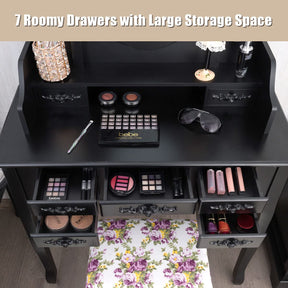 Giantex Folding Vanity Table Set with Mirrors, Elegant Makeup Table & Cushioned Stool Set w/ 7 Drawers and Open Shelf