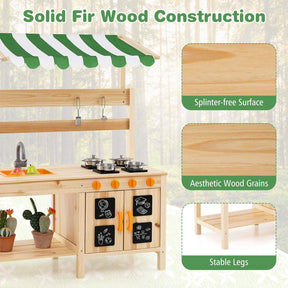 Kids Mud Kitchen with Canopy, Outdoor Wooden Pretend Play Kitchen w/ 4 Stoves, Sink, Faucet, Black Boards & Accessories