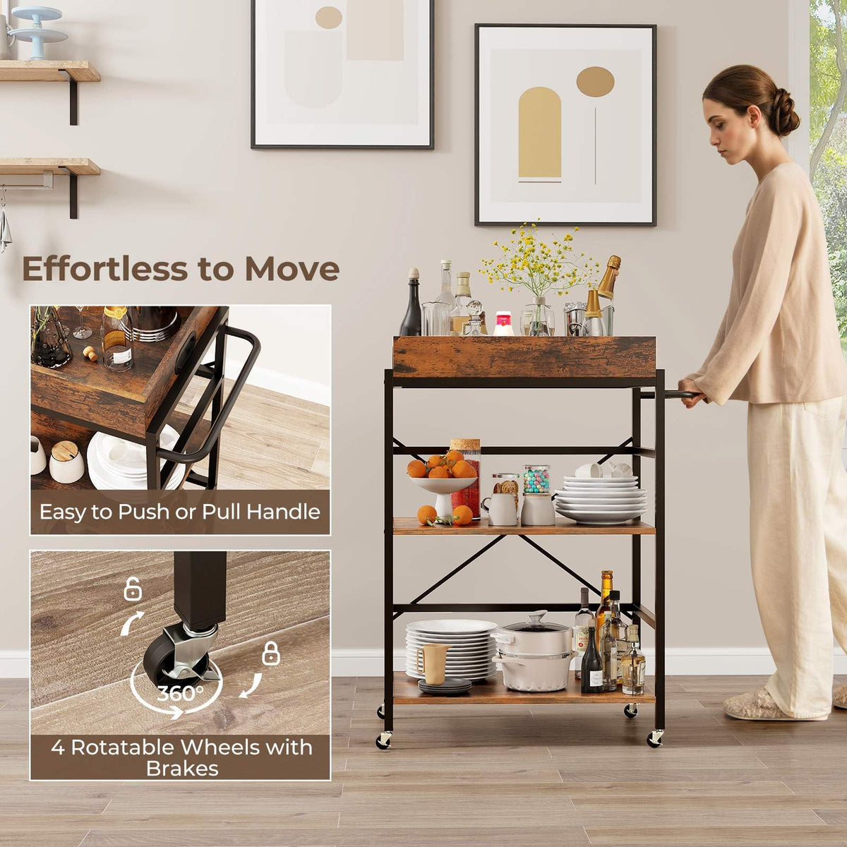 3-Tier Bar Cart, Industrial Serving Cart with Detachable Tray, 4 Lockable Casters & 1 Handy Handle