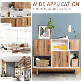 Sideboard Storage Cabinet W/3 Storage Compartments & 3 Doors & Wood Legs (White & Coffee)