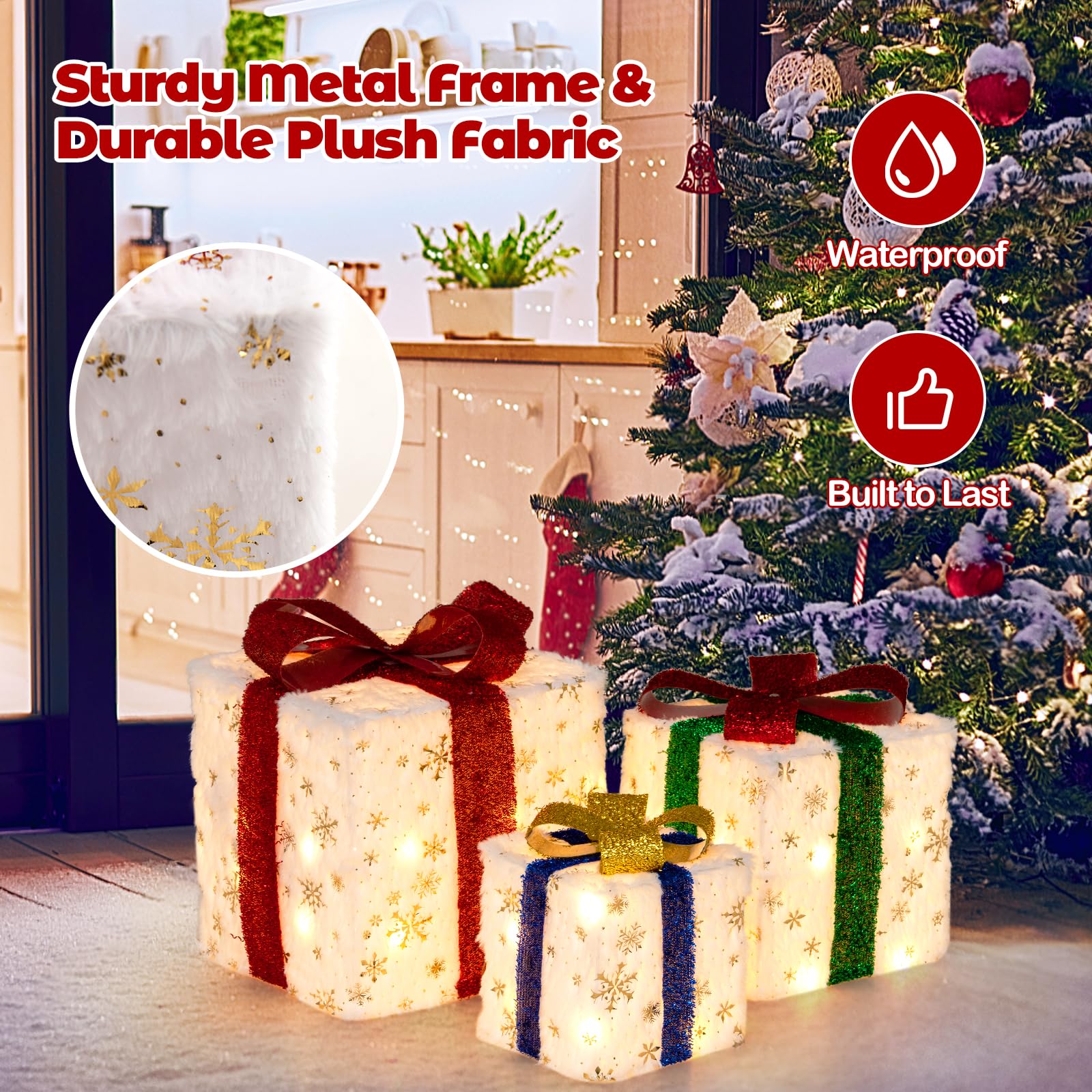 Set of 3 Christmas Lighted Gift Boxes, Pre-lit Christmas Decoration with 48 Bright Warm Lights