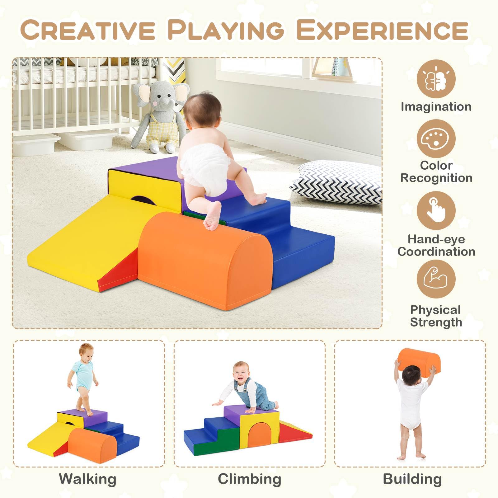 BABY JOY 4-Piece Kids Climb and Crawl Foam Block Play Set, Toddler Soft Building Blocks