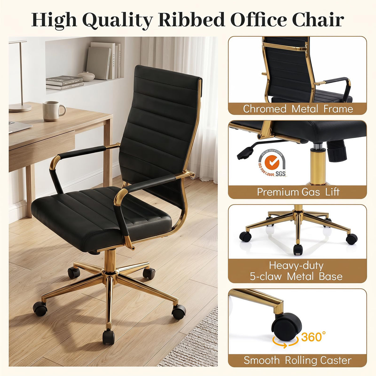 White and Gold Office Chair, Ribbed PU Leather Computer Desk Chair with Armrests & Reclining Backrest