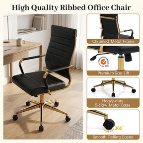 White and Gold Office Chair, Ribbed PU Leather Computer Desk Chair with Armrests & Reclining Backrest