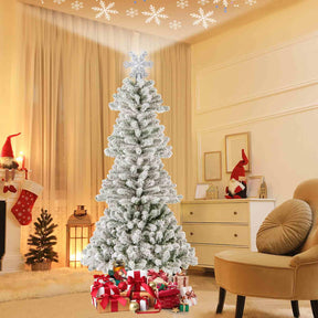 180 cm Artificial Xmas Tree, Flocked Christmas Tree with Lighted Snowflake Topper