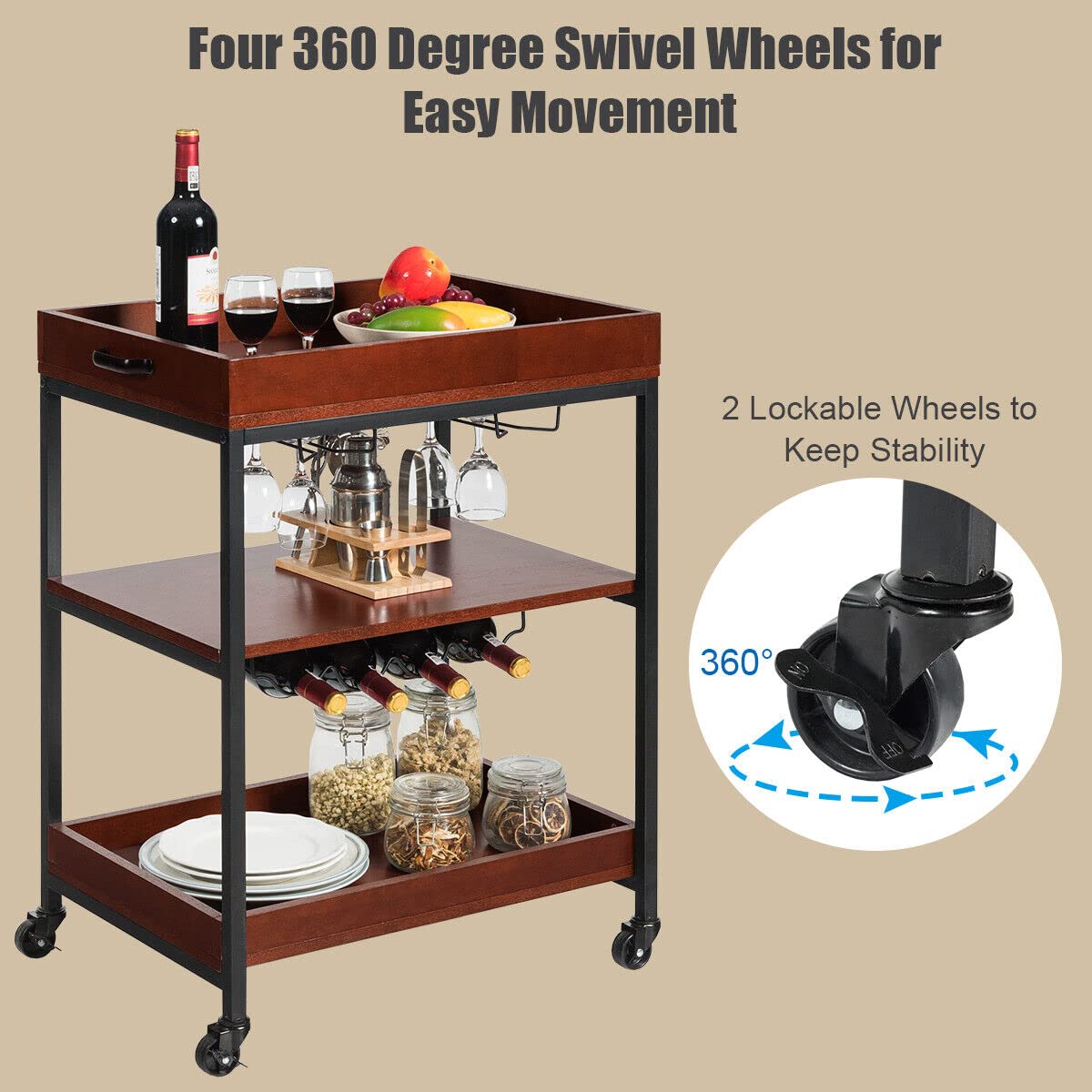 Giantex Kitchen Serving Trolley, 3-Tier Rolling Bar Island Serving Cart, Cart Trolley on Wheels with Handle