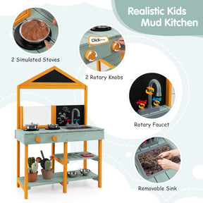 HONEY JOY Kids Kitchen Playset, Outdoor Mud Kitchen with Root Viewer Planter, Rotatable Faucet & Removable Sink