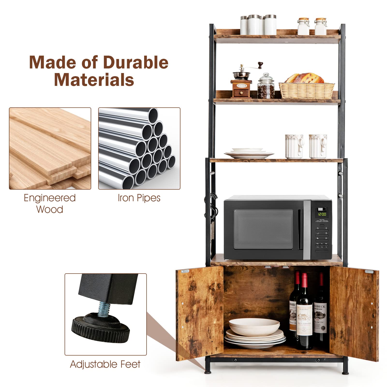 Giantex 4-Tier Baker’s Rack, Kitchen Storage Cabinet w/ 3 Tier Hutch Shelf, Industrial Microwave Oven Stand