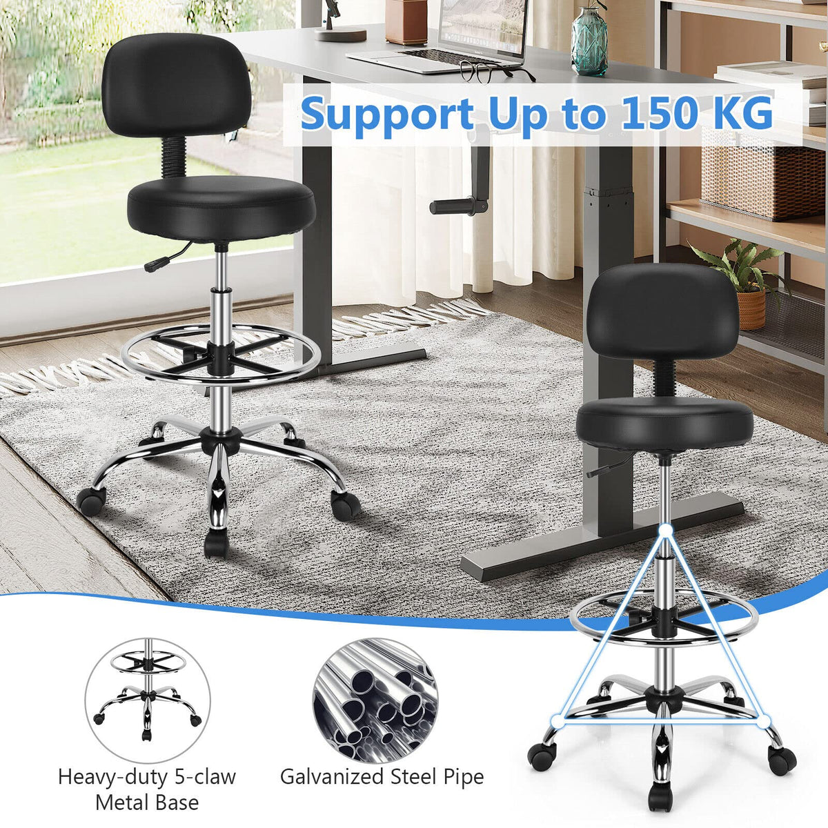 Ergonomic Drafting Chair 150 kg w/Backrest, Faux Leather Upholstered Rolling Stool w/Retractable Mid Back & Adjustable Foot Ring