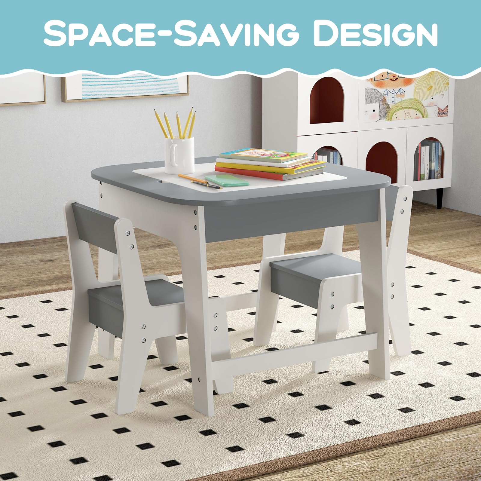 Kids Table & Chairs Set, Toddler Activity Table Set with Double-Sided Tabletop & Hidden Storage Space