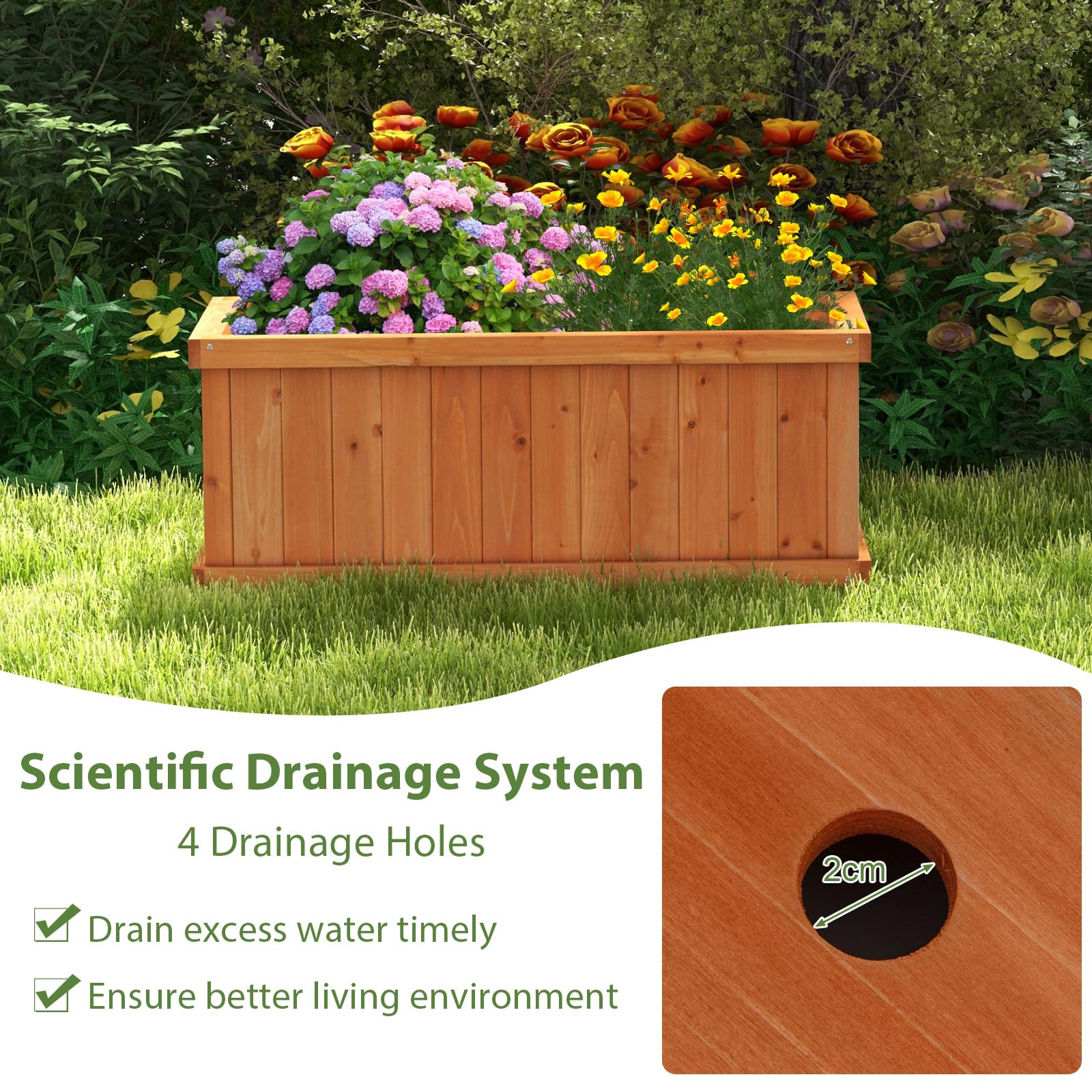 Raised Garden Bed, Wooden Planter Box with 4 Drainage Holes & Detachable Bottom Panels